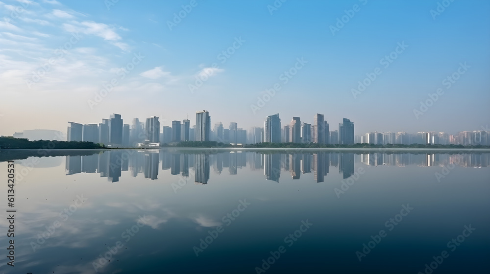 skyline city view reflection with water and clear blue sky  created with Generative AI