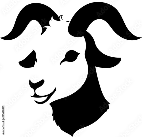 Black and white logo of a goat head, vector illustration of a domestic animal