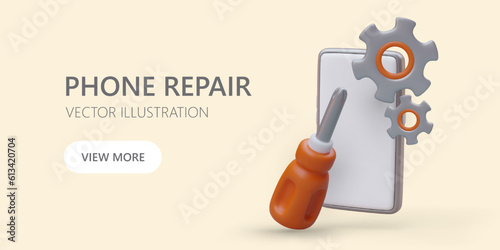 Repair and flashing of phones. Restoration of broken gadgets. Advertising template for web design. Repair of breakdowns. Cute isometric illustration in plasticine style