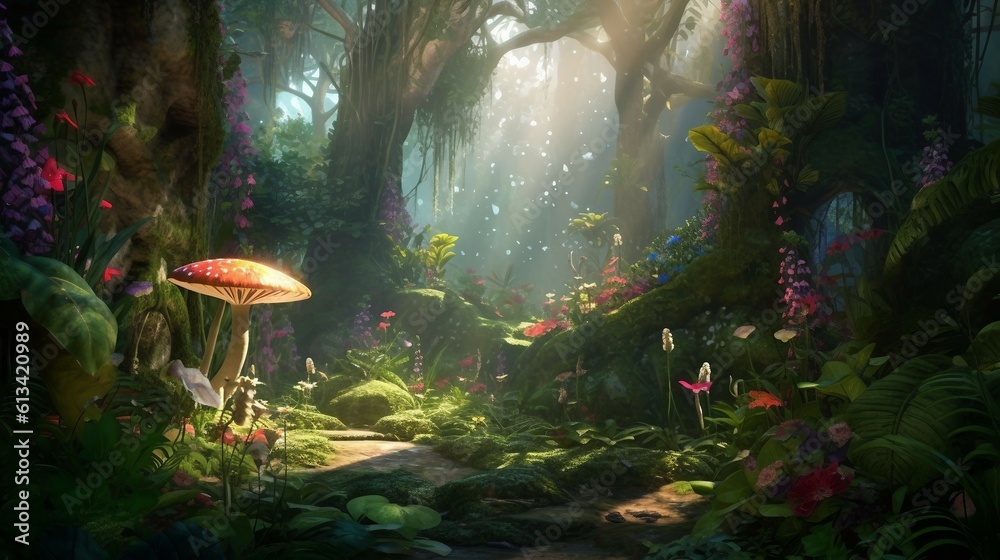 Fototapeta premium Magical fantasy wood, large treest and dark colors, ai generated