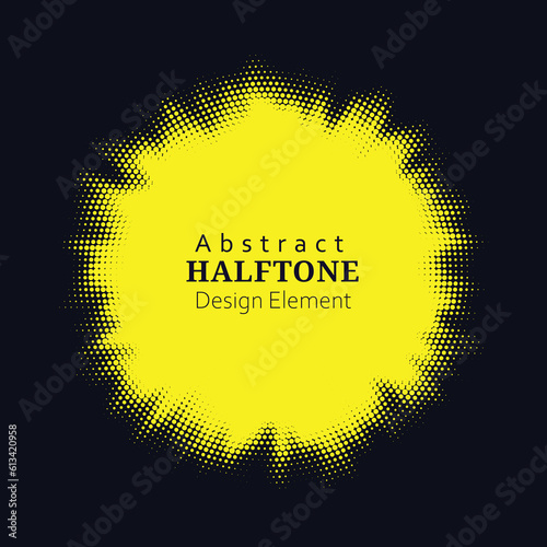 Yellow abstract vector circle frame halftone dots logo emblem design element for medical, treatment, cosmetic. Round border Icon using halftone circle dots raster texture.