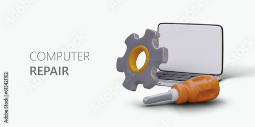 Diagnostics and repair of laptops. Vector advertising template in cartoon style. Isometric illustration on light background. Its time to give computer professional cleaning
