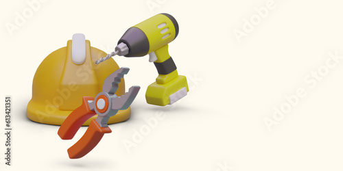 Professional repair. Drilling services. Installation and dismantling. Observance of safety equipment. Horizontal banner with isometric safety helmet, cordless drill, pliers