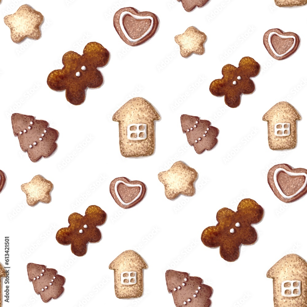 Seamless pattern of hand drawn christmas cookies isolated on white, alcohol markers illustration. For textile, fabric, wallpapers, party supplies, food packaging, greeting cards, wrapping paper Seamless pattern of hand drawn christmas cookies isolated on white, alcohol markers illustration. For textile, fabric, wallpapers, party supplies, food packaging, greeting cards, wrapping paper