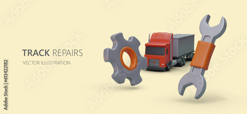 Truck repair. Auto mechanic service center. Advertising vector concept for car repair shop. 3D truck, gear, wrench. Original parts, professional diagnostics
