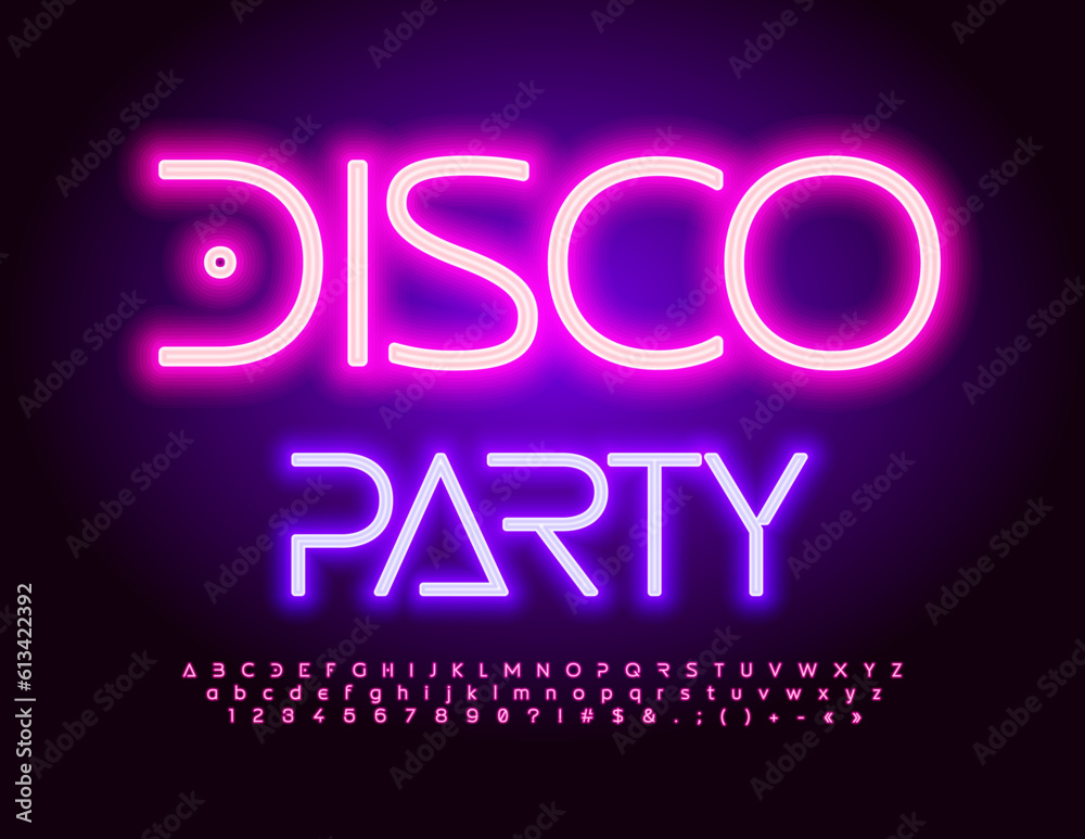 Vector Neon Banner Disco Party. Glowing Pink Font. Electric Alphabet Letters, Numbers and Symbols set Vector Neon Banner Disco Party. Glowing Pink Font. Electric Alphabet Letters, Numbers and Symbols set