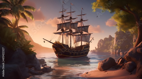 Illustration Landscape with pirate ship.