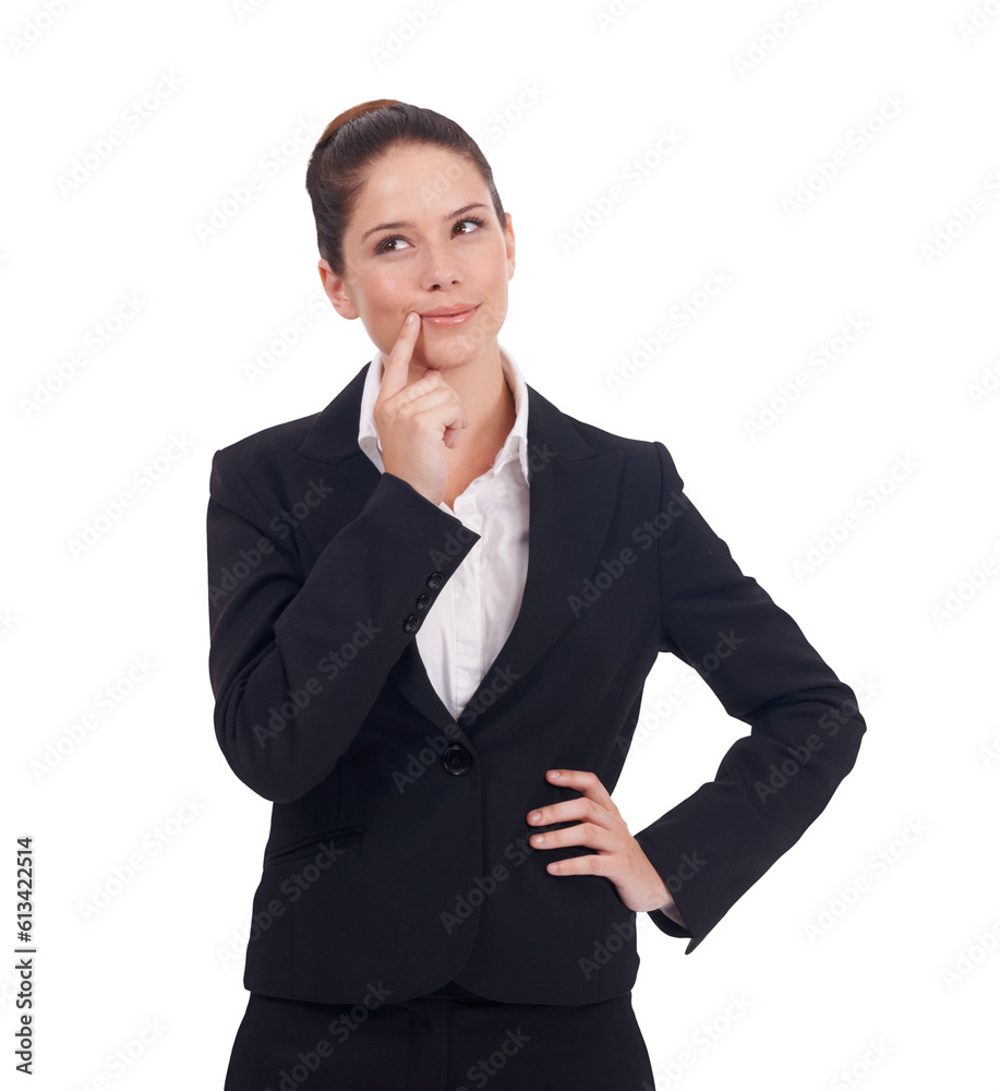 Planning, business and woman thinking while isolated against a transparent png background for plan. Confidence, idea or brainstorming of professional young female person with problem solving solution Planning, business and woman thinking while isolated against a transparent png background for plan. Confidence, idea or brainstorming of professional young female person with problem solving solution