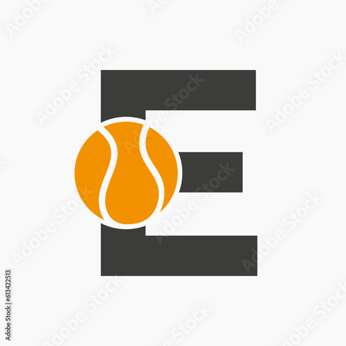 Tennis Logo On Letter E. Tennis Sport Academy, Club Logo Sign