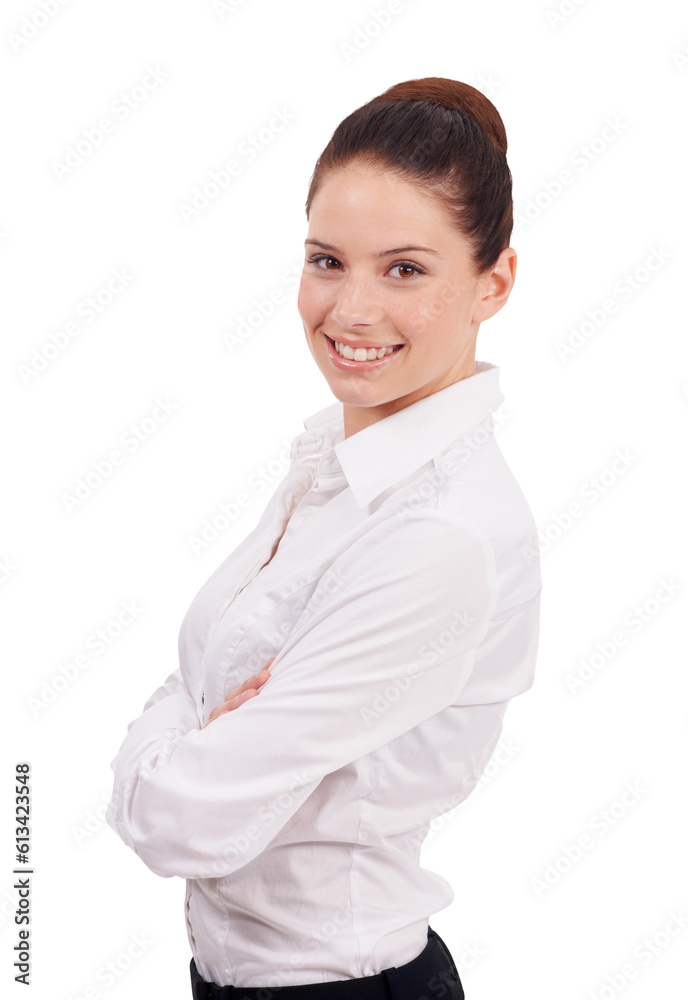 Arms crossed, portrait and woman with a smile, confident and positive working mindset on transparent, isolated or png background. Happy, face and corporate employee excited, ready or start work Arms crossed, portrait and woman with a smile, confident and positive working mindset on transparent, isolated or png background. Happy, face and corporate employee excited, ready or start work