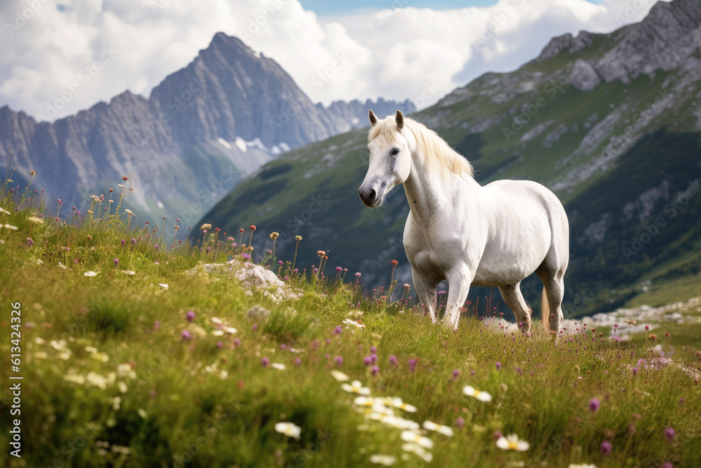 White horse in a mountains, Generative AI White horse in a mountains, Generative AI