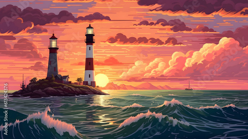 Landscape with lighthouse pixel art style.