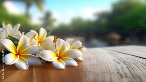 A wooden table with white frangipani flowers. Generative AI © piai