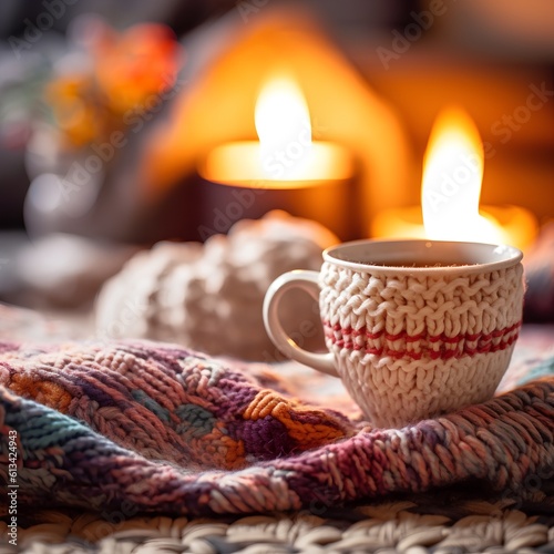 Cup of coffee wrapped in a warm scarf on a wooden background