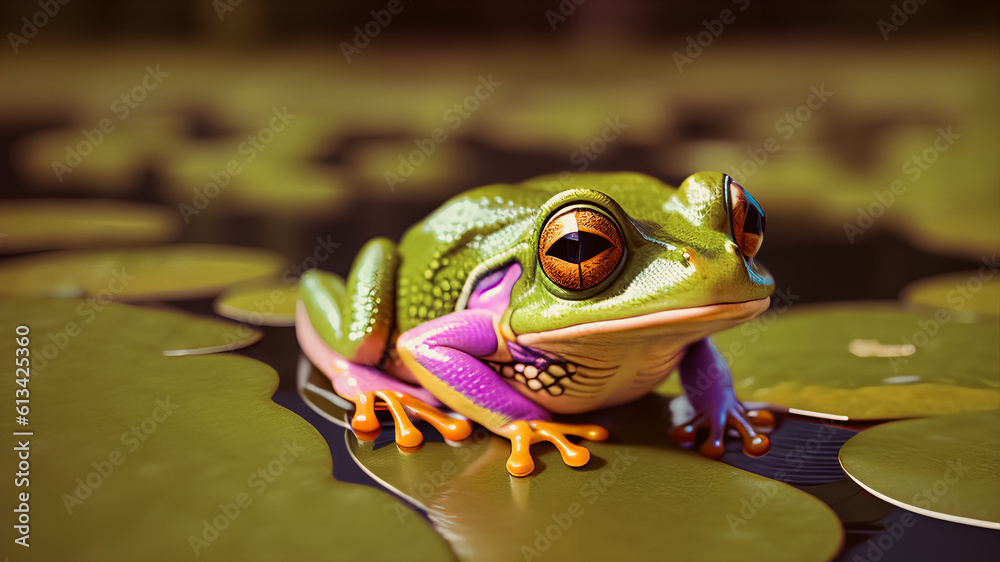 Serenity by the Lilly: Frog Basks in the Summer Sun. Serenity by the Lilly: Frog Basks in the Summer Sun.