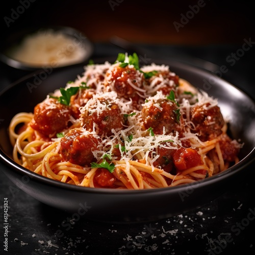 Spaghetti pasta with meatballs in tomato sauce and parmesan cheese