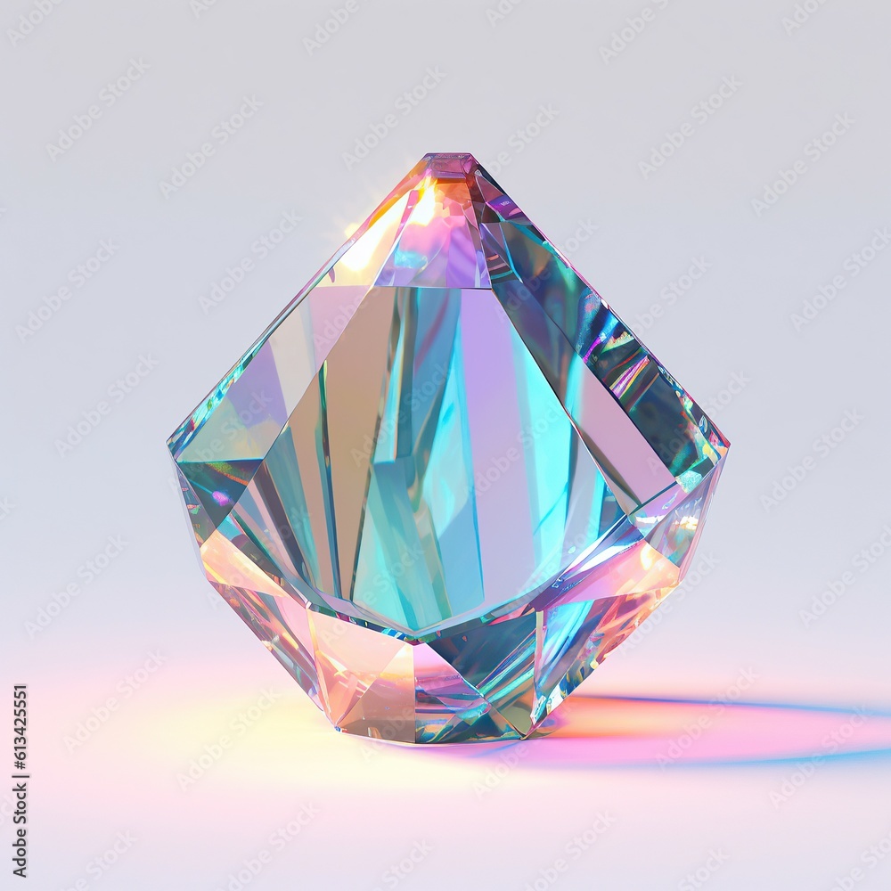 Neon colored diamond glass metalic object on white background with reflection. Generated AI.