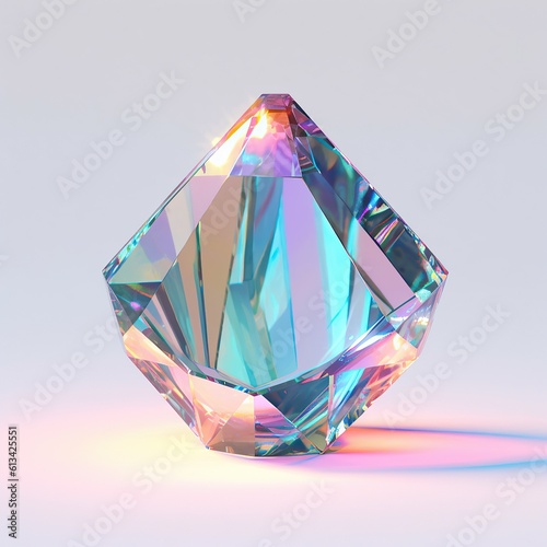 Neon colored diamond glass metalic object on white background with reflection. Generated AI.
