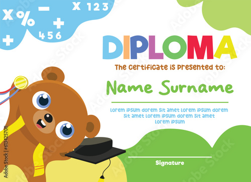 Cute diploma certificate template for preschool  kindergarten or primary school student. A cute brown bear holding a medal during the graduation day
