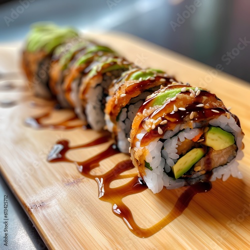 Sushi roll with salmon, avocado, cucumber and sesame seeds on a wooden board.