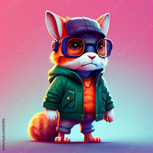 A cool rabbit wearing a hat glasses and green coat llustration image  Colorful animal  AI Generative.