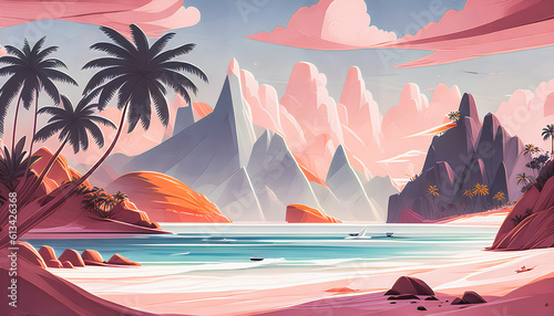 Tropical Oasis  Serene Sea Lagoon with Palm Trees  Mountain Reflections  and Jungle Silhouettes. Summer Seascape of Ocean Shore with Rocky Accents.  Generative AI