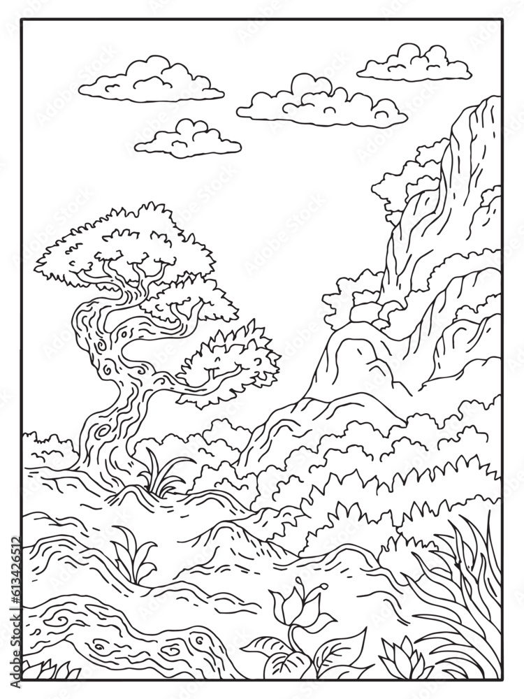 Obraz premium Design Nature Landscape Outline Coloring Page