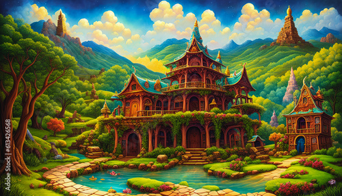 Enigmatic Haven: Secret Temple amidst a Colorful Landscape.