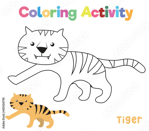 Colouring the cartoon character a tiger. Coloring activity for preschool and kindergarten children. Printable educational printable coloring worksheet. Vector illustration file.