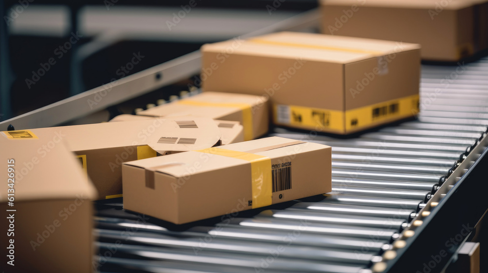 The parcel is on the conveyor belt. Concept of automatic logistics management. Generative AI;