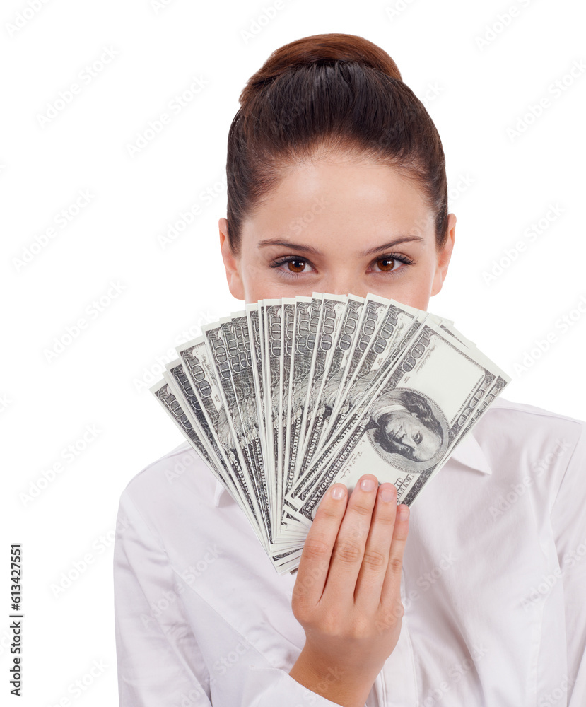 Woman, portrait and cash cover face isolated on transparent png background for winning, money fan and loan. Dollars, bank and business person or winner with bonus, budget secret and financial profit Woman, portrait and cash cover face isolated on transparent png background for winning, money fan and loan. Dollars, bank and business person or winner with bonus, budget secret and financial profit