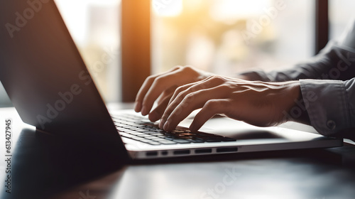 Man hands typing on computer keyboard closeup, businessman or student using laptop at home, panoramic banner, online learning, internet marketing, working from home, office workplace freelance concept