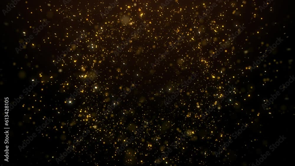 gold particles abstract background with golden shining stars dust bokeh glitter awards dust. Futuristic glittering fly movement flickering loop in space on black background.