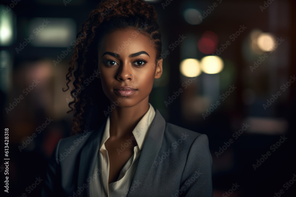 Bllack woman in a business suit standing in a confident pose. Woman's rights equality success of African-American people Bllack woman in a business suit standing in a confident pose. Woman's rights equality success of African-American people