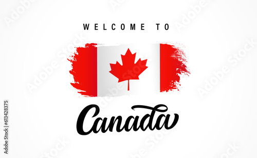Welcome to Canada, typography design and waving flag. Message and national flag suitable as a logo icon, poster, greeting card, badge, website banner or t-shirt