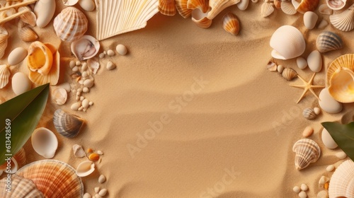 Summer vacation and travel concept background. Sand anbd sea shells, space for copy. Generative AI photo