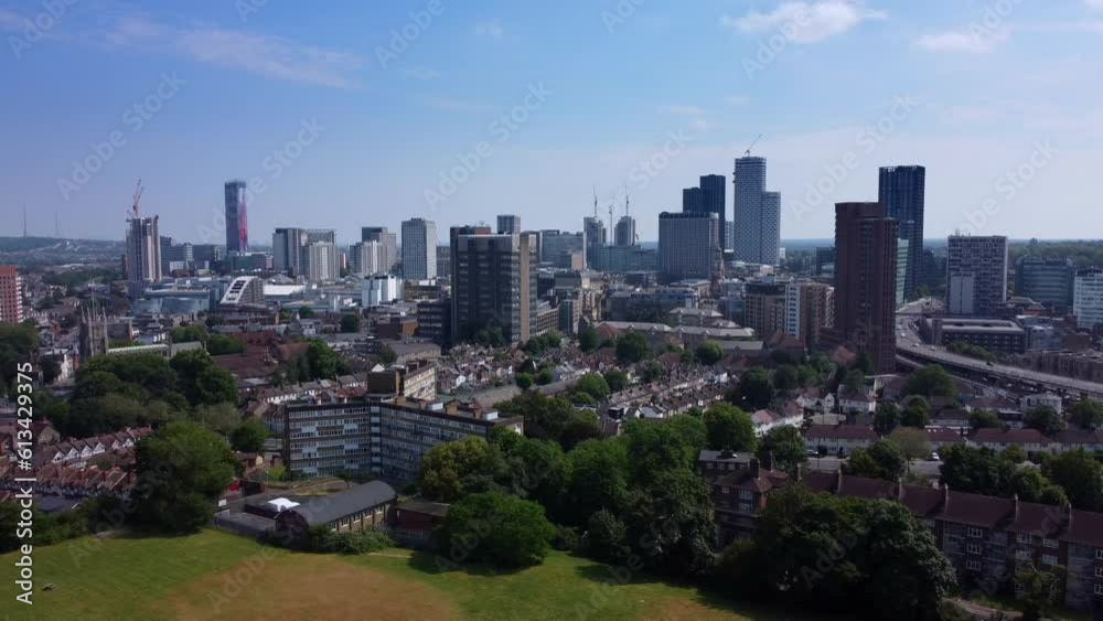 Drone shot flying backwards from Croydon city with modern skyscrapers Drone shot flying backwards from Croydon city with modern skyscrapers