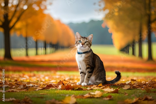 a cat playfully batting at falling autumn leaves, capturing the joy and liveliness of the season photo