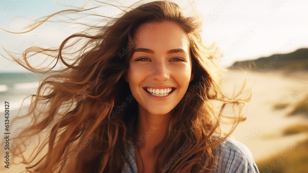 Fototapeta premium attractive long-haired girl in the beach outdoors, generative AI tools 