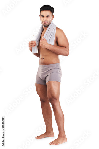 Portrait, water bottle and man with towel isolated on transparent png background. Topless, body and Indian athlete with drink after exercise, fitness or workout, health or wellness for strong muscle