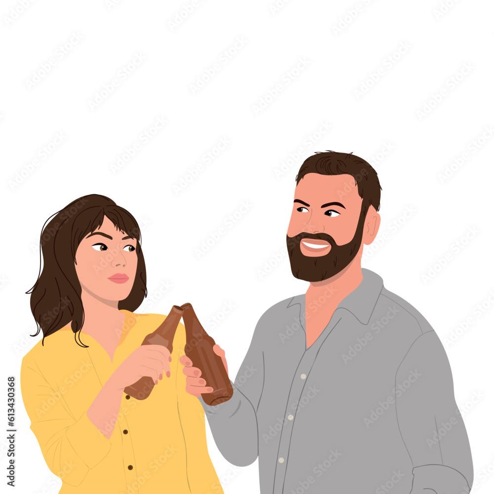 Young people drinks beer. Vector illustration for posters, banners, Octoberfest, International beer day, alcohol month. Young people drinks beer. Vector illustration for posters, banners, Octoberfest, International beer day, alcohol month.