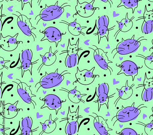 Abstract Hand Drawing Cute Cats Hearts and Dots Doodle Seamless Vector Pattern Isolated Background © Didem