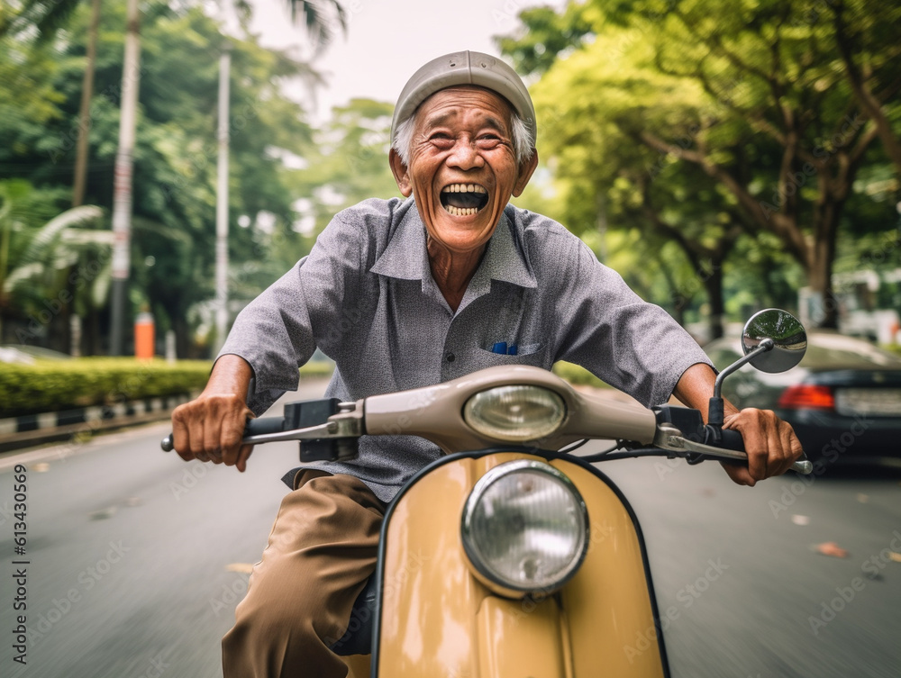 The photograph captures the essence of happy old age as the grandfather gleefully rides a scooter in the park. With a joyful expression, he embraces the freedom and youthful spirit Generative AI