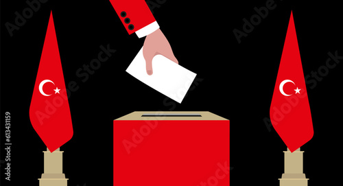 The concept of choice in Turkey.Hands throwing ballots into the ballot box with the Turkish flag.