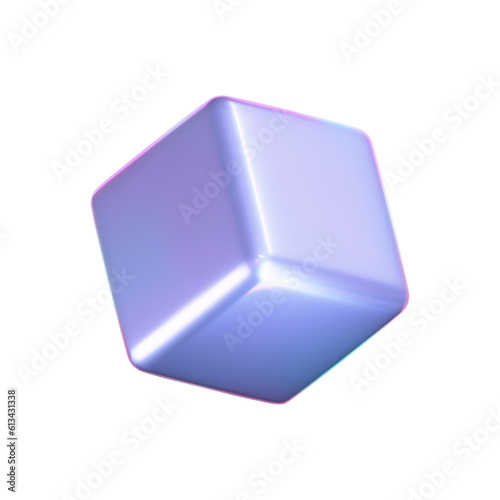 3d holographic cube with iridescent chrome effect isolated on white background. Render holographic metal rotating box with rainbow gradient effect. 3d vector geometric shape