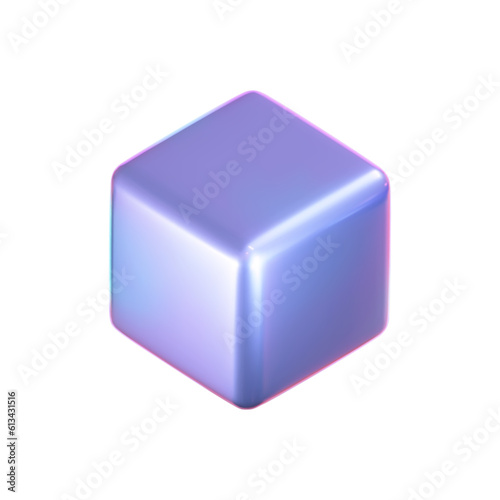 3d holographic cube with iridescent chrome effect isolated on white background. Render holographic metal rotating box with rainbow gradient effect. 3d vector geometric shape