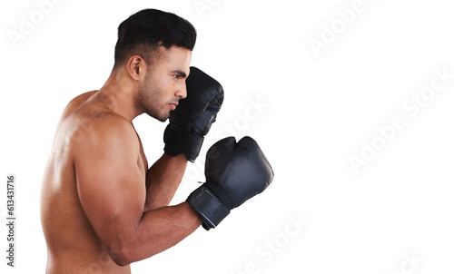 Fitness, boxer and man with gloves and focus isolated on transparent, png background in power, fist and competition. Sports, exercise and boxing of young person in training, MMA or martial arts fight