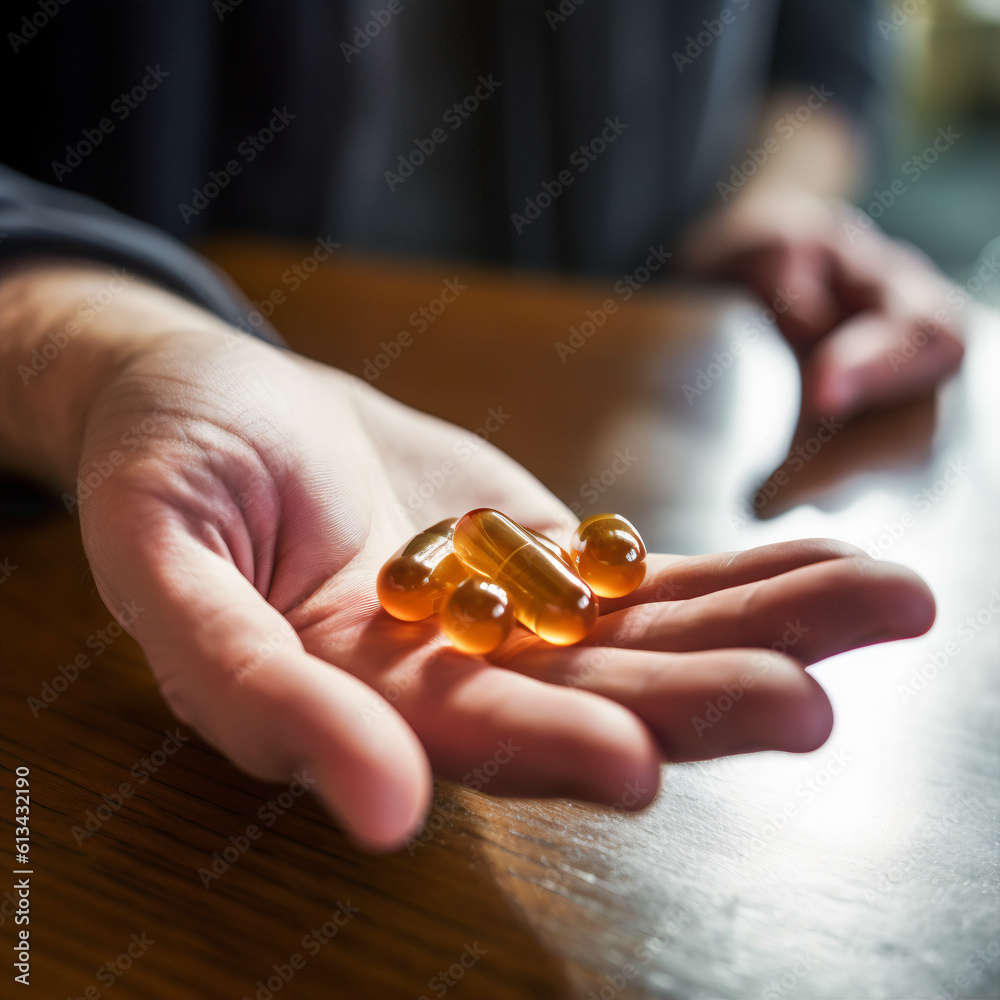 Hand with capsules, taking medicine, vitamin replenishment concept, supplementation and health, Generative AI Hand with capsules, taking medicine, vitamin replenishment concept, supplementation and health, Generative AI