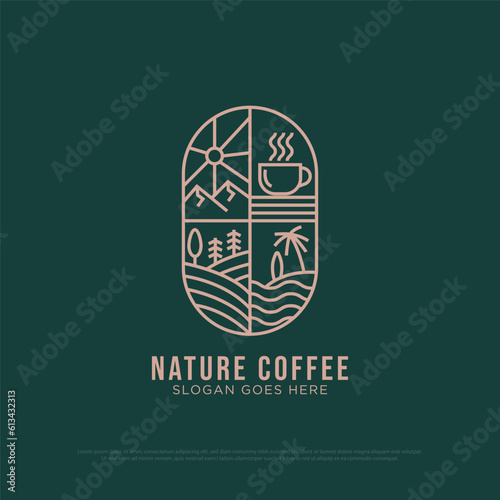 Nature Coffee logo design vector, vintage Outdoor coffee logo illustration with outline style, best for restaurant, beverages logo brand