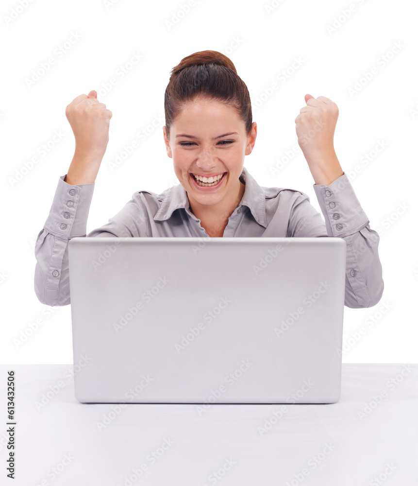 Winner, yes and laptop of business woman reading news, bonus or opportunity for success, achievement or target. Profit, goals and winning of person on computer isolated on transparent png background Winner, yes and laptop of business woman reading news, bonus or opportunity for success, achievement or target. Profit, goals and winning of person on computer isolated on transparent png background